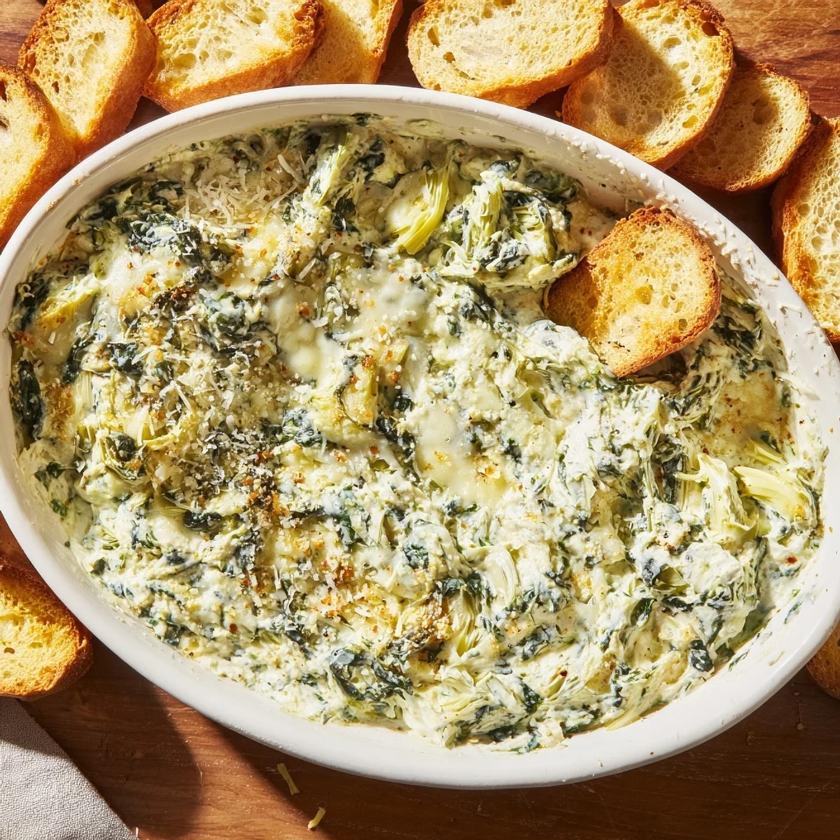 Spinach Artichoke Dip, bubbling hot and golden, ready for dipping baguette slices.