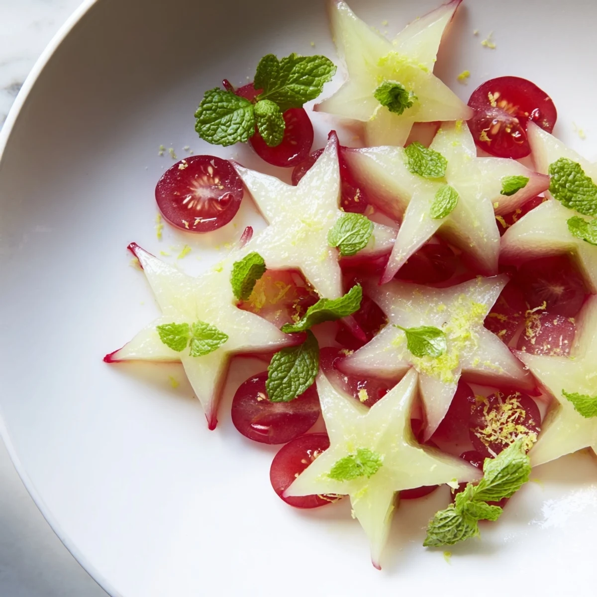 Brightly colored Brunch Fruit featuring starfruit and grapes, a refreshing garnish for your meal.