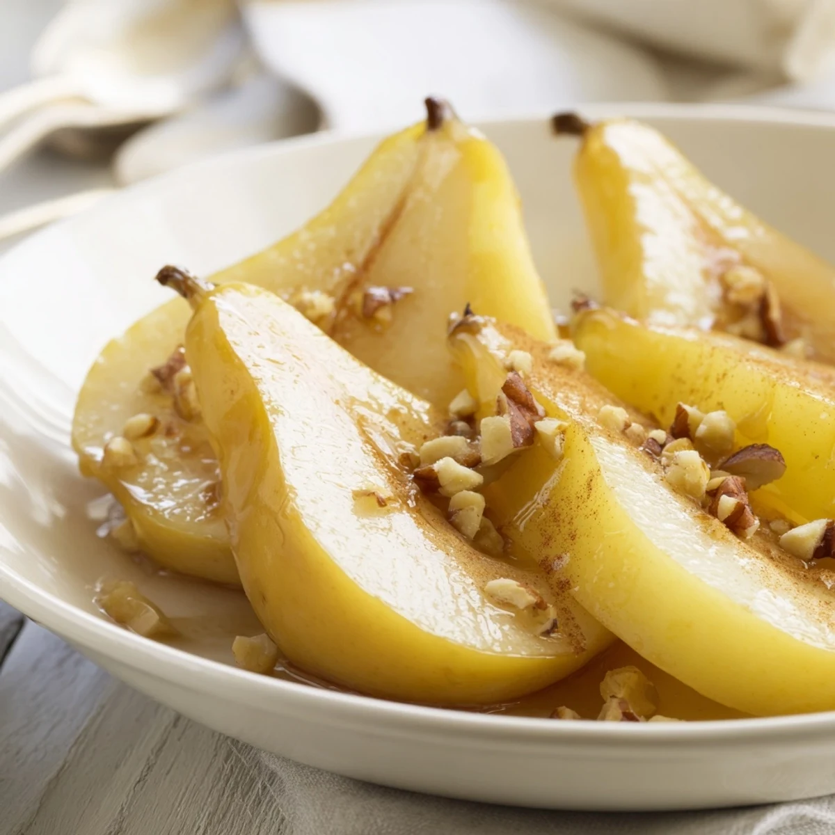 Beautifully arranged pear slices glistening with honey provide a quick, delicious snack.
