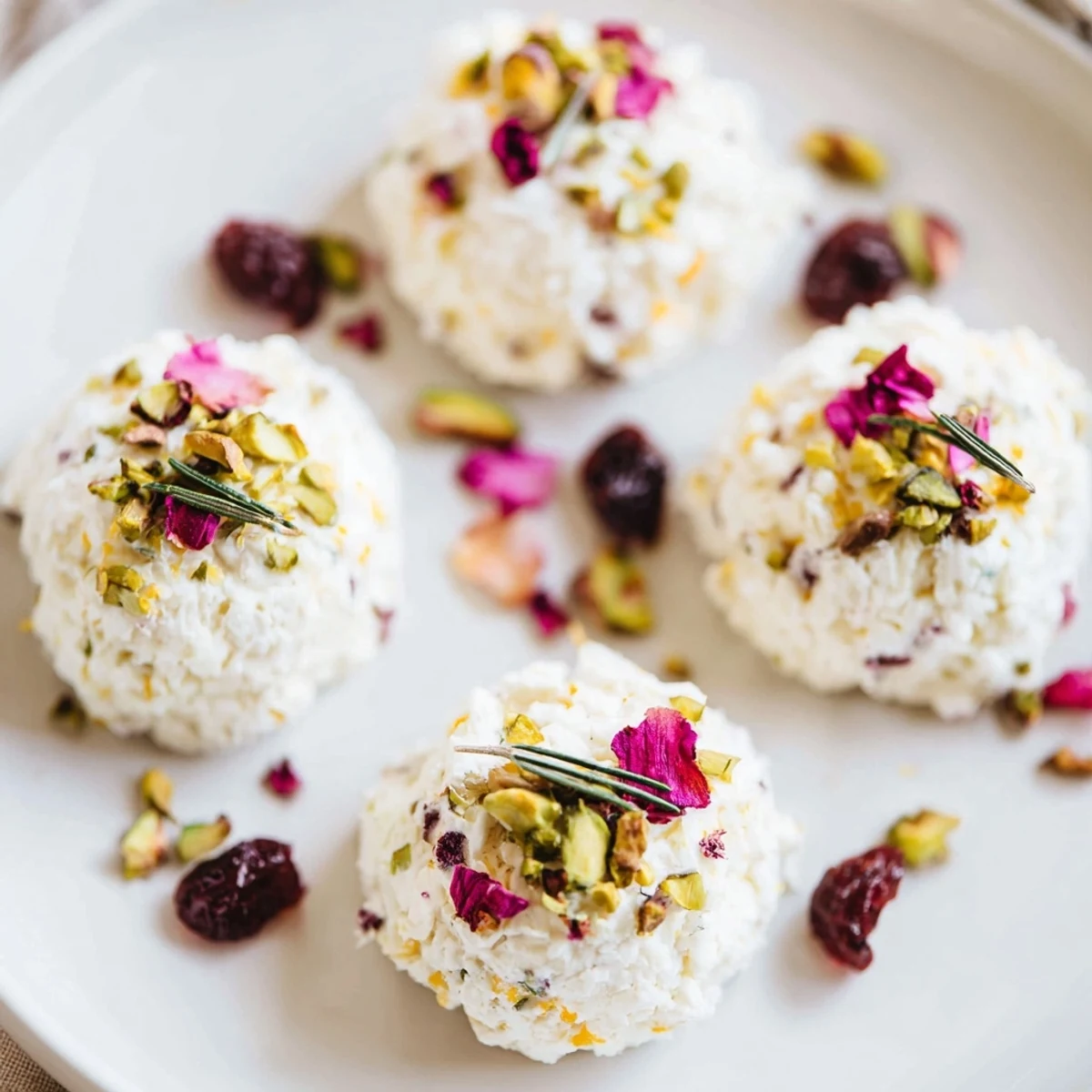 Festive holiday ornament clusters: colorful cheese balls with rosemary hooks, perfect for entertaining.