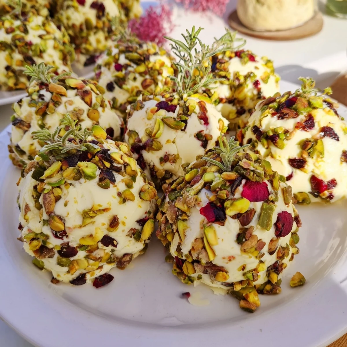 Taste the creamy cheese: a bright platter of holiday ornament clusters ready to share and enjoy.