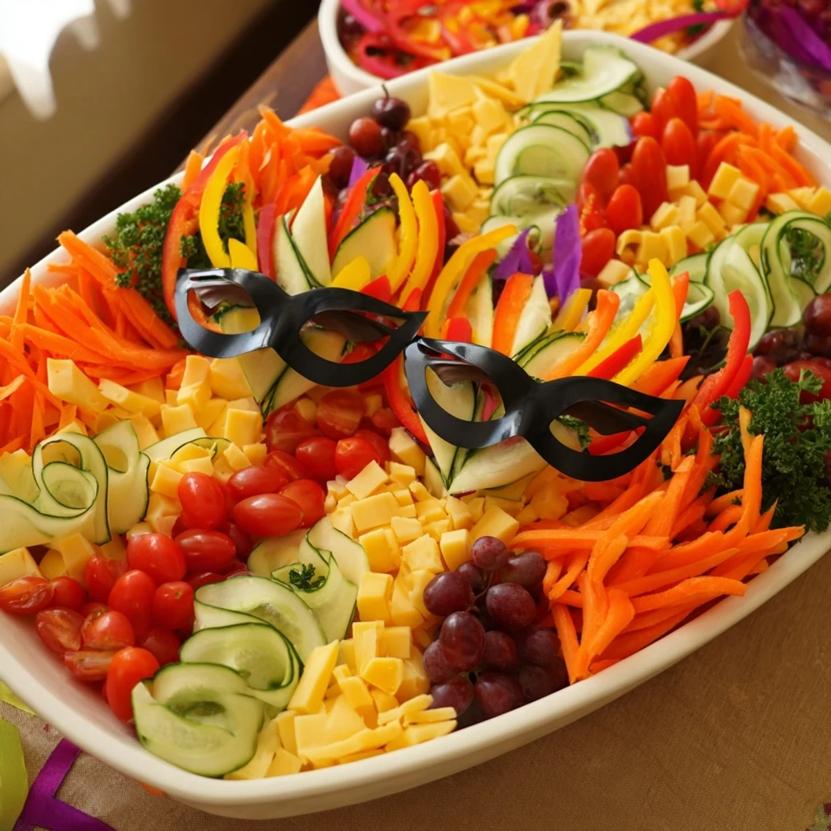 A colorful The Masquerade Mask appetizer platter with vibrant vegetables and cheese arranged beautifully.