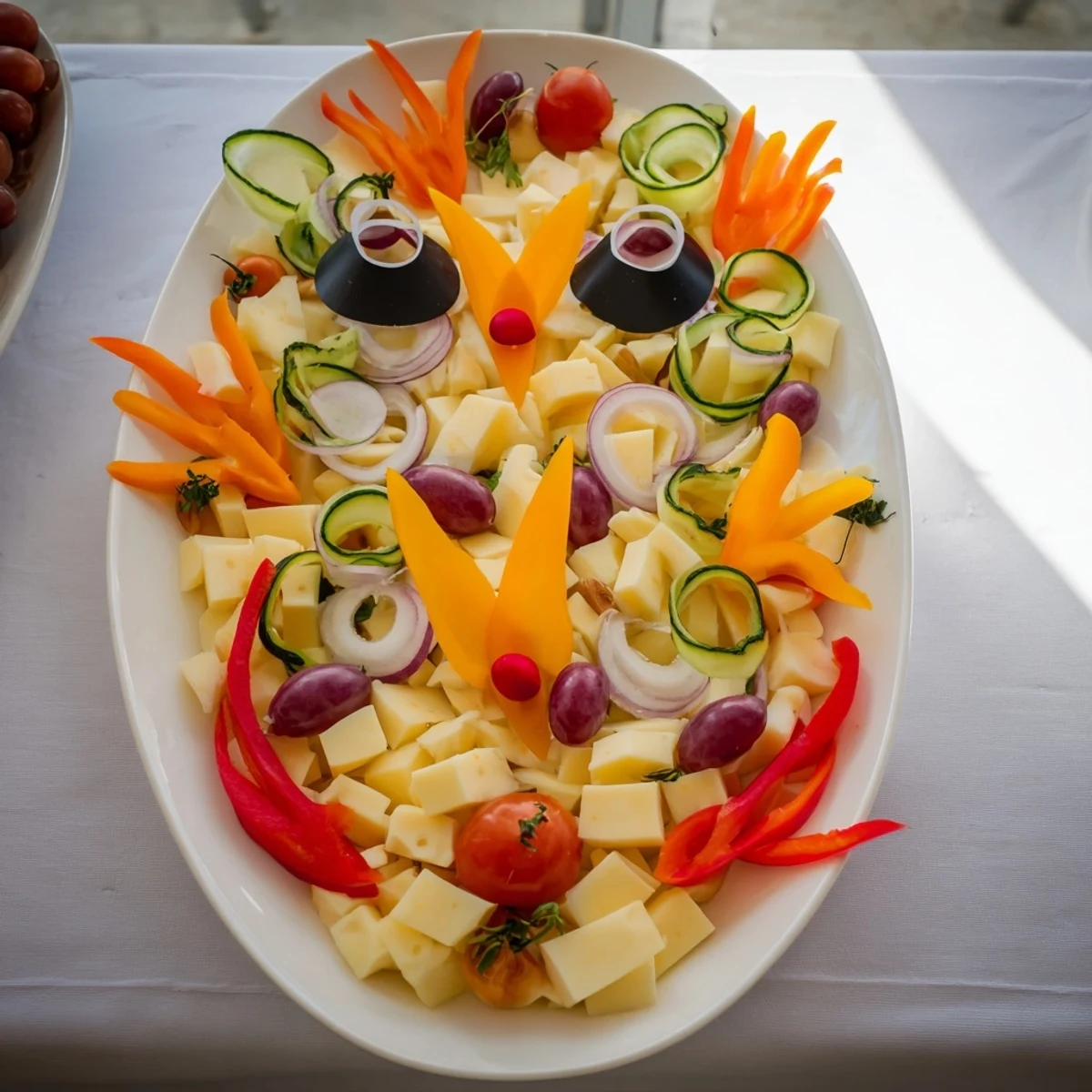 Symmetrically arranged The Masquerade Mask, highlighting fresh ingredients like grapes and olives for a party.