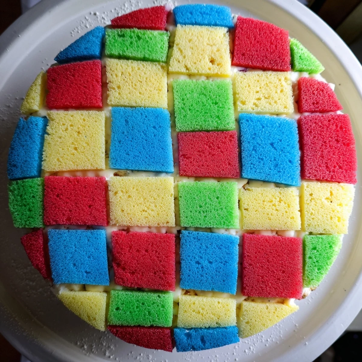 Imagine this Cozy Quilt Patchwork Cake: squares of vibrant cake, meticulously arranged for a unique dessert.