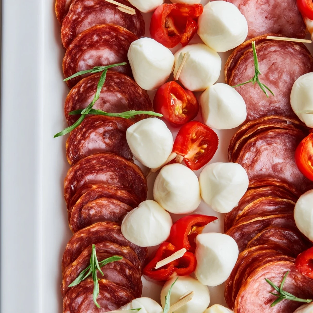 A holiday-themed Candy Cane Zigzag appetizer board showcases fresh meats, cheeses, and colorful garnishes.