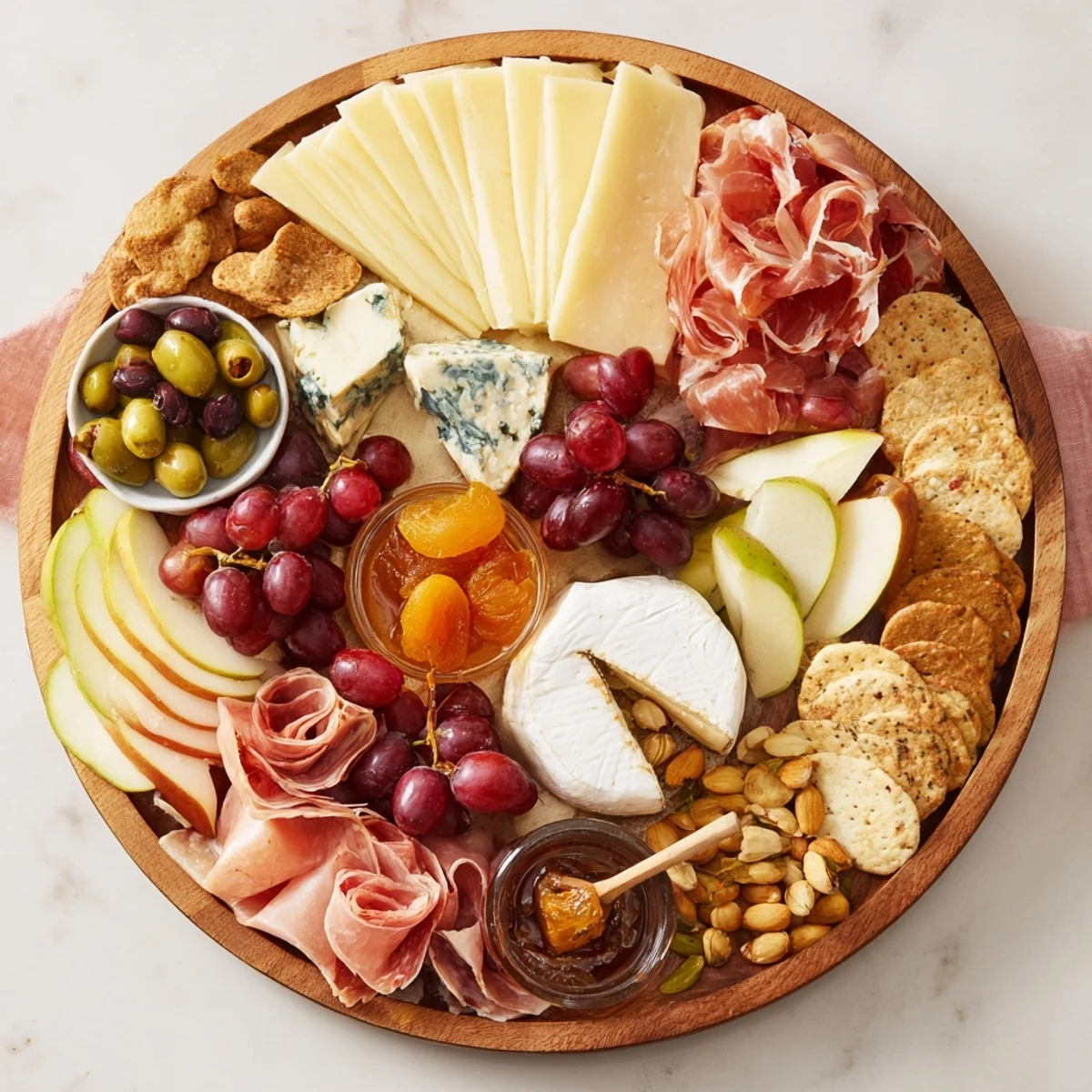 Festive Elegant Gilded Edge appetizer spread: visually appealing cheeses and charcuterie ready to serve for a celebration.
