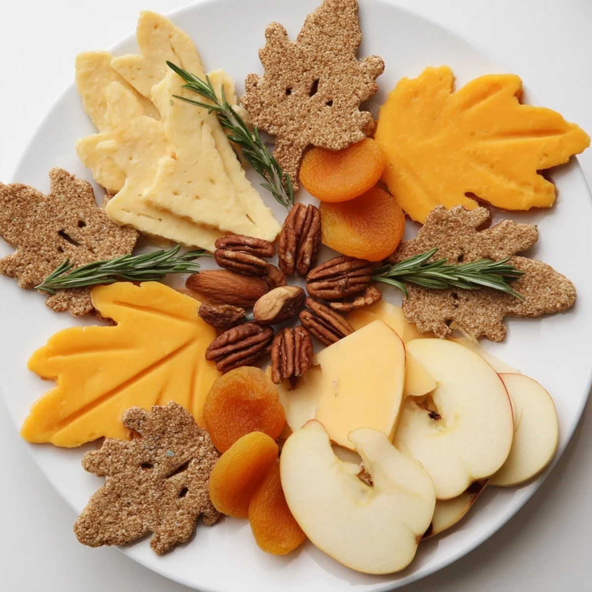 Thanksgiving Leaf Fall appetizer board: a cascade of cheese and fruit leaves in fall colors.