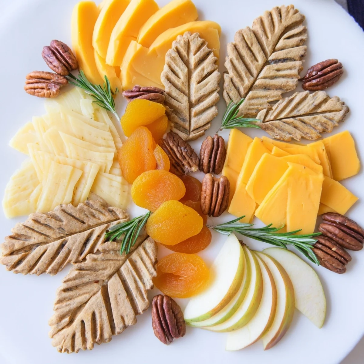 Beautiful Thanksgiving Leaf Fall charcuterie board showing edible leaves of cheese, fruit, and nuts.