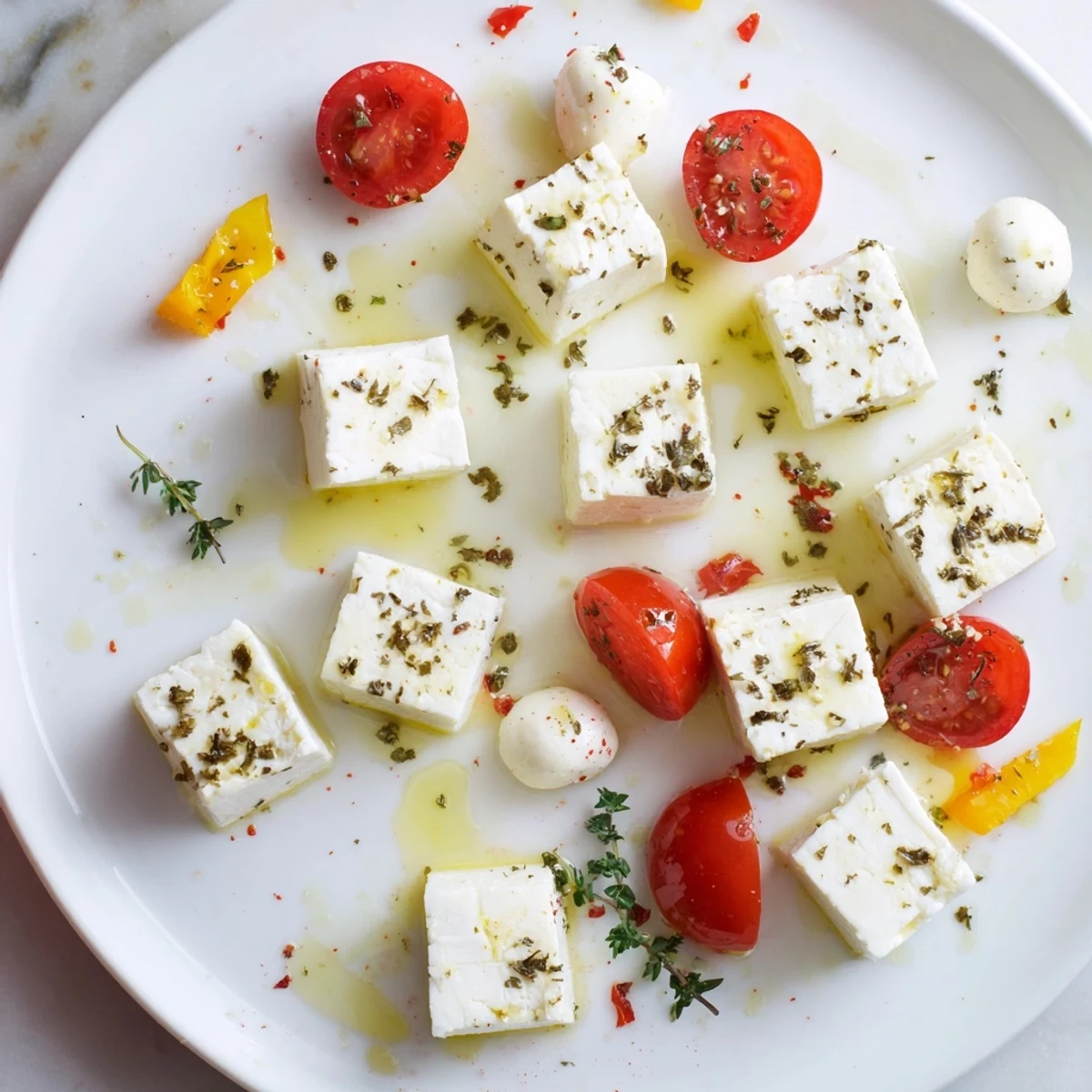 Bright mezze platter, "The Sun-Drenched Patio", offers fresh flavors, feta, and crisp vegetables in light presentation.