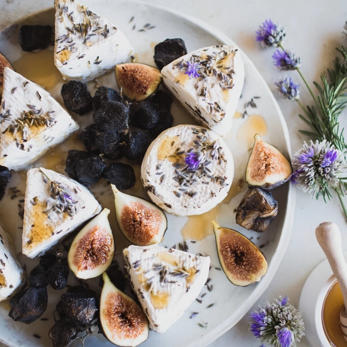 A visually appealing “Lavender Haze” cheese platter overflowing with fresh fruit and beautiful cheeses.