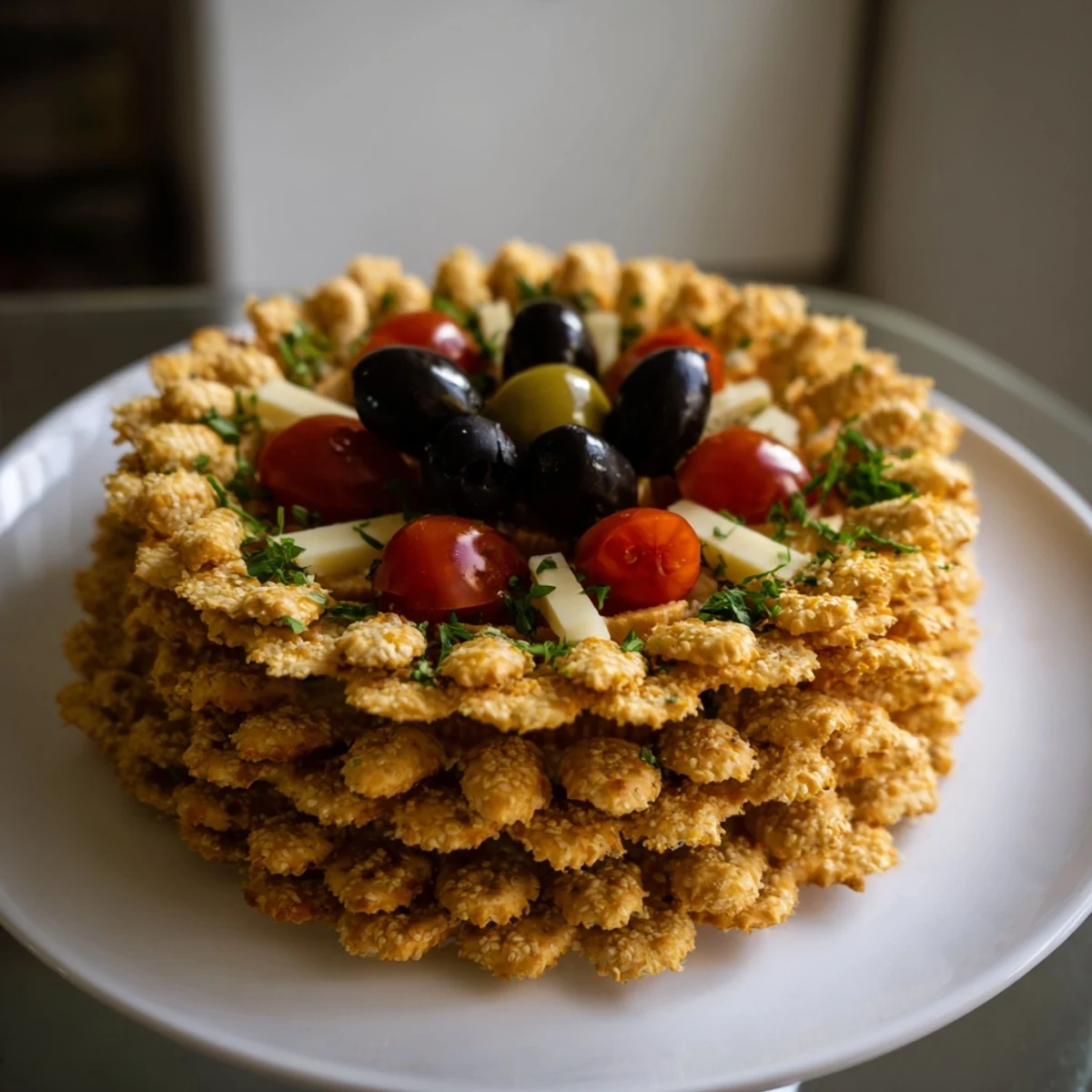 Savory Roman Colosseum snack platter with olives arranged as gladiators, ready to serve and enjoy.