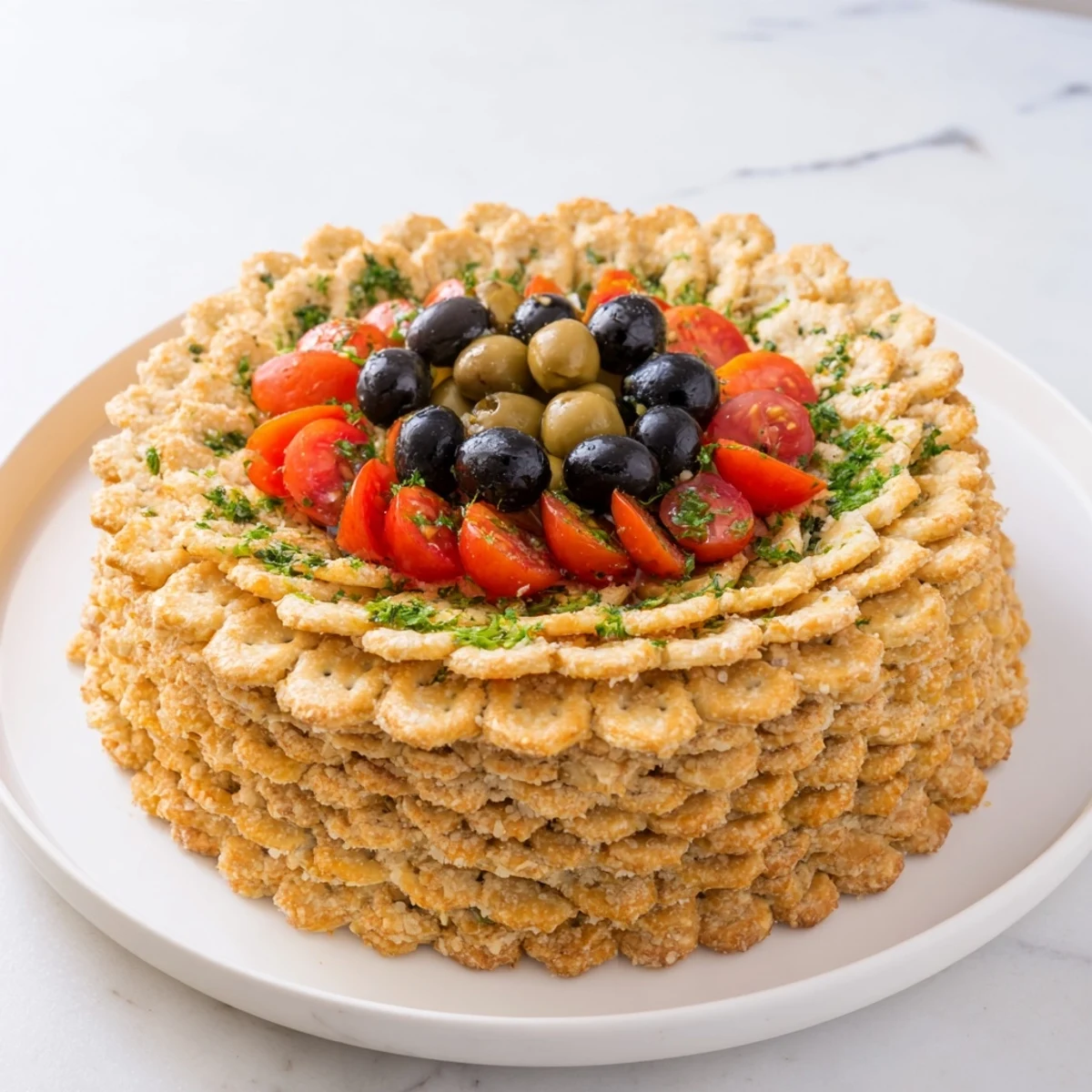 A beautiful overhead shot of the Roman Colosseum snack platter, featuring crackers and a vibrant olive center.