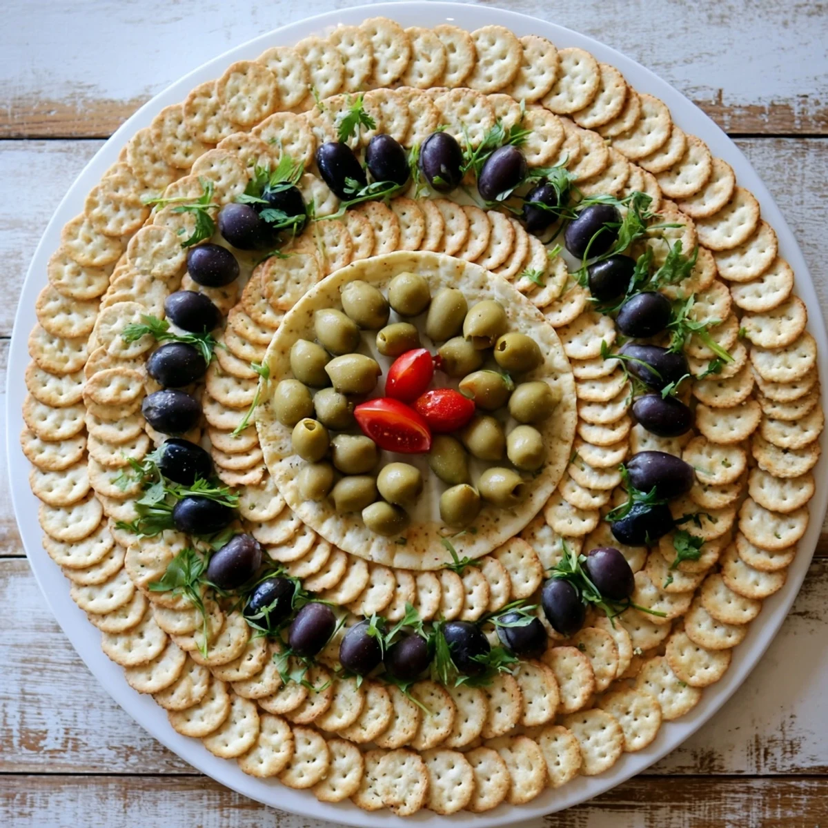 The impressive Roman Colosseum snack platter, a creative appetizer with crackers and pitted olives ready for a party.