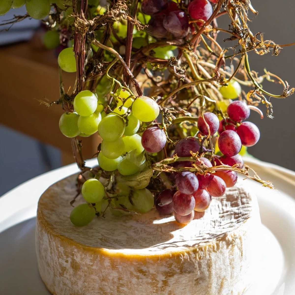 Rustic Vineyard cheese wheels adorned with grapevines offering a fresh, beautiful appetizer presentation perfect for sharing.