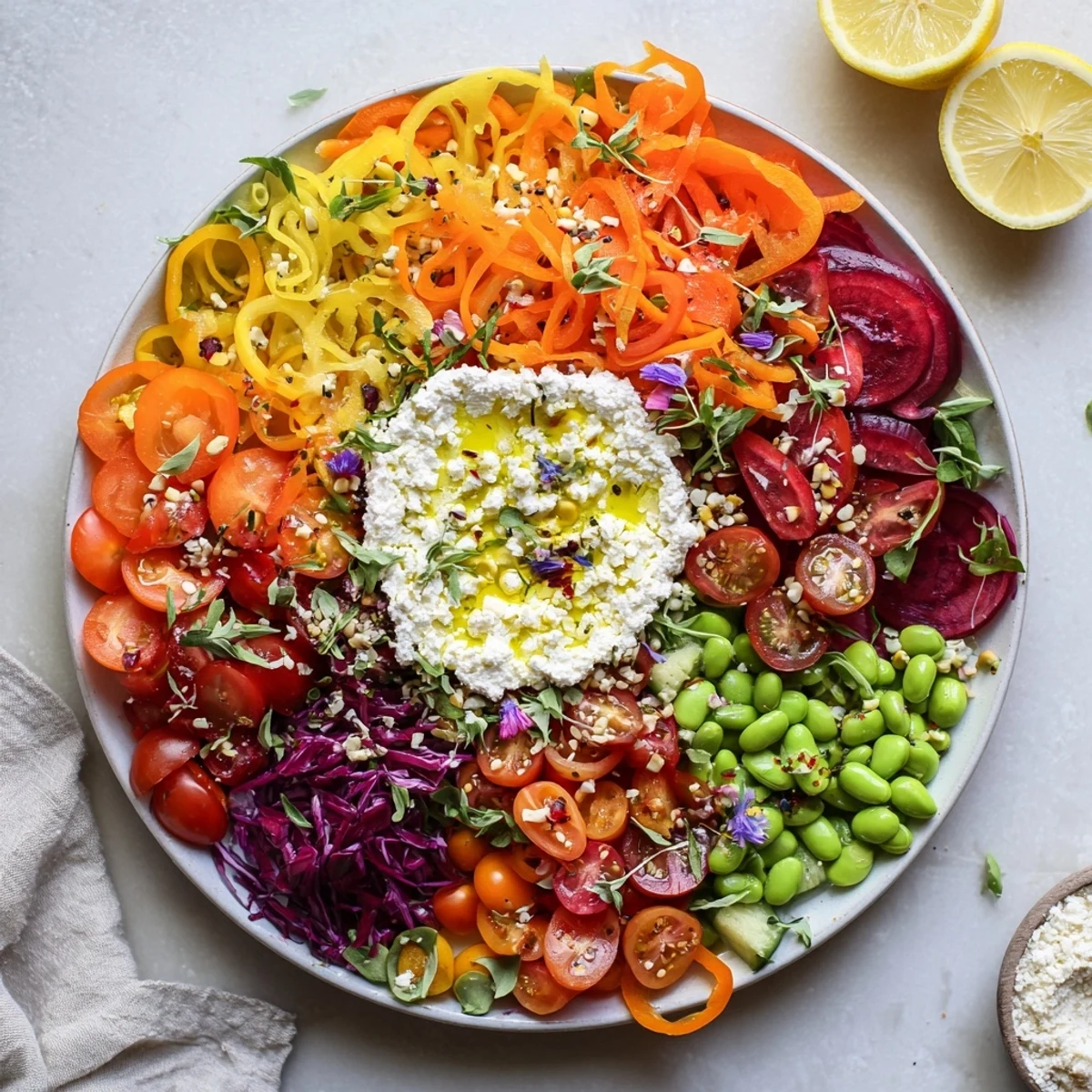 A colorful Prism Burst salad fan, with vibrant veggies fanning out from a white base.