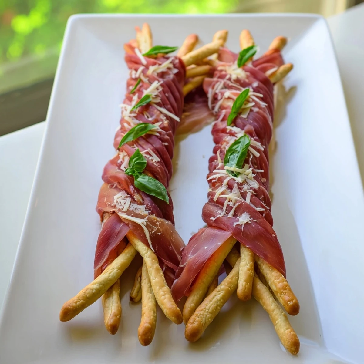 Golden Gate appetizer featuring prosciutto draped between crispy breadstick towers; perfect party snack.