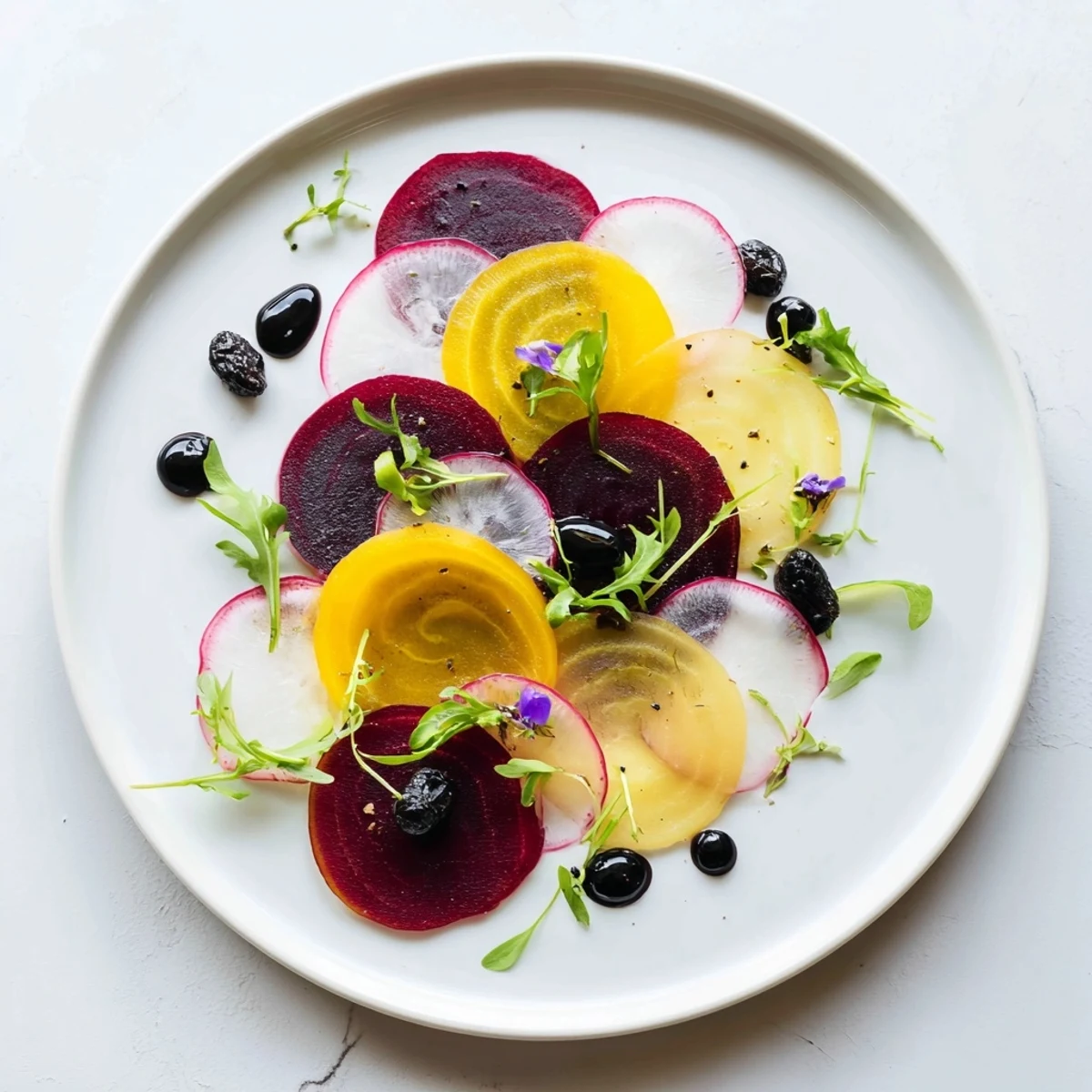 A visually stunning The Shadow Play appetizer features layered beets, blackberries, and olives.