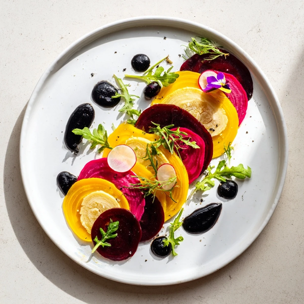 Dark, artful The Shadow Play starter with beet slices, tahini shadows, and vibrant microgreens.