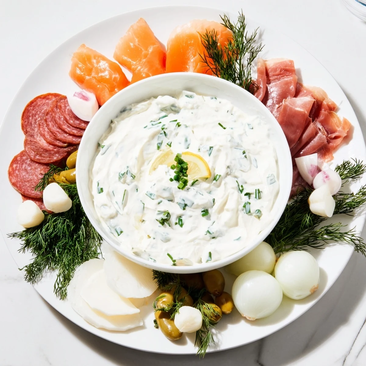 A beautifully arranged Compass Rose appetizer platter showcasing diverse meats and creamy dip.