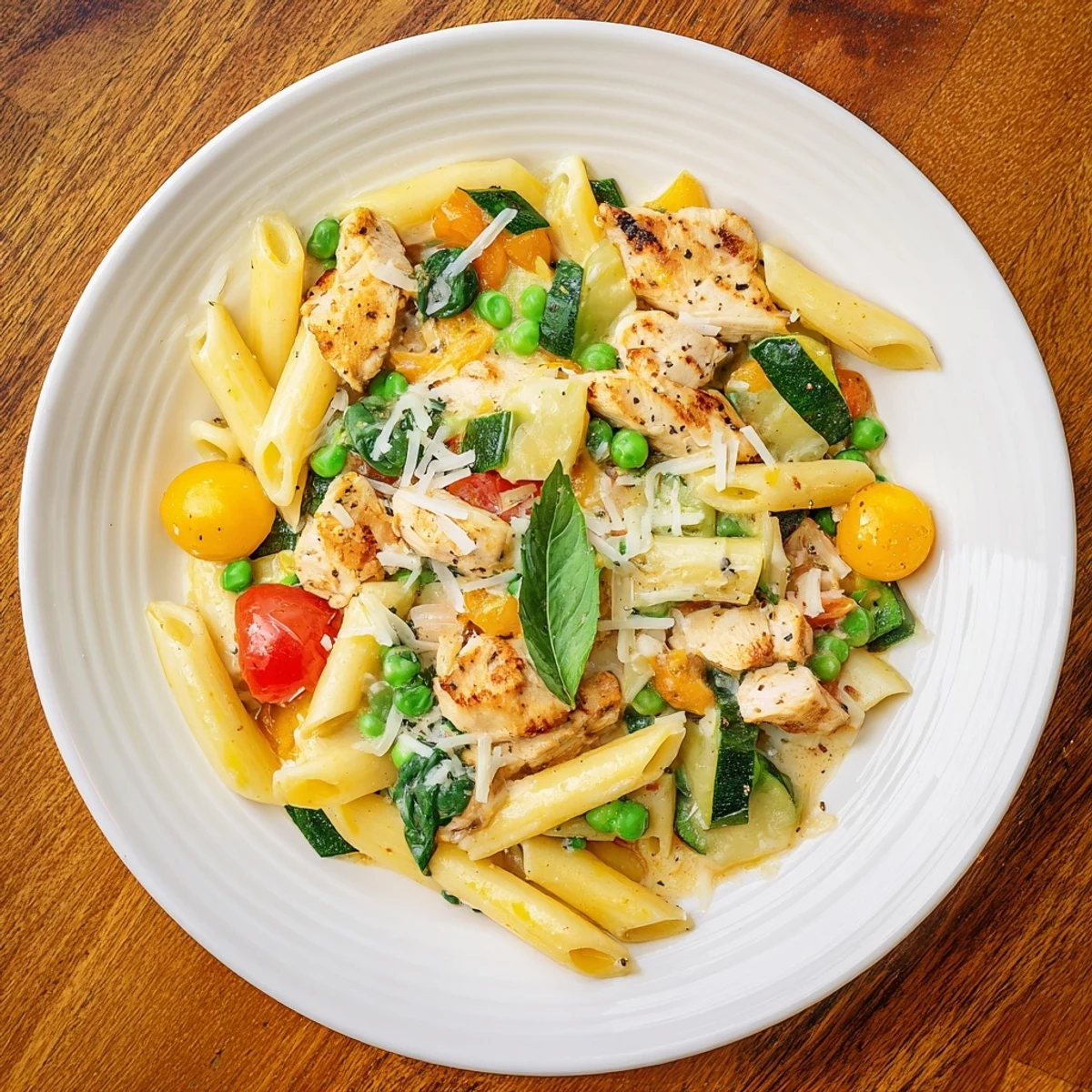 Steaming bowl of The Last Bite Chicken Pasta, with creamy sauce and fresh basil garnish, ready to eat.