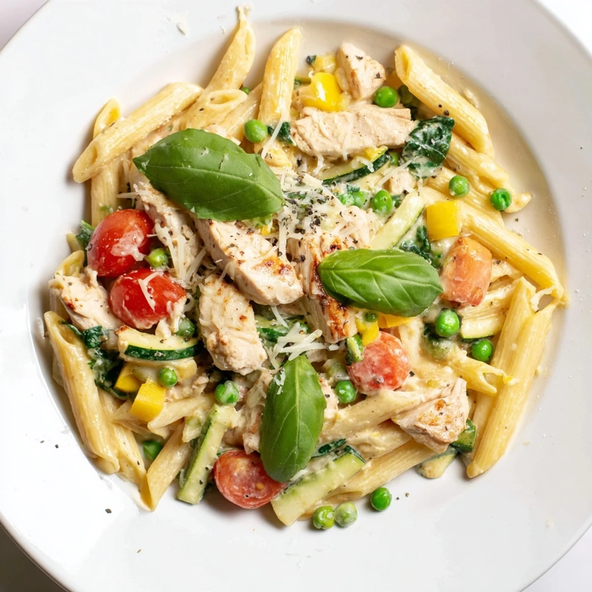 A close-up view of The Last Bite Chicken Pasta, showing tender chicken, colorful veggies, and melted cheese.