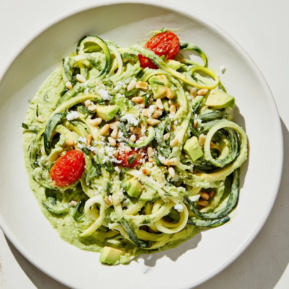 A bowl of Green Goddess Zoodle Pasta, with bright green sauce over zucchini noodles and fresh toppings.