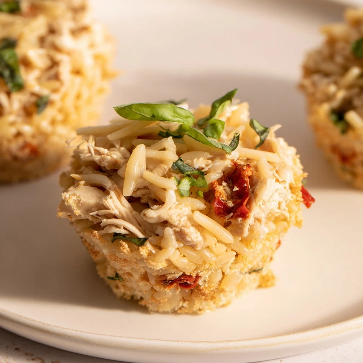 Golden-brown Marry Me Chicken Sushi Bake Cups, bubbly cheese topping a savory pasta and chicken filling.