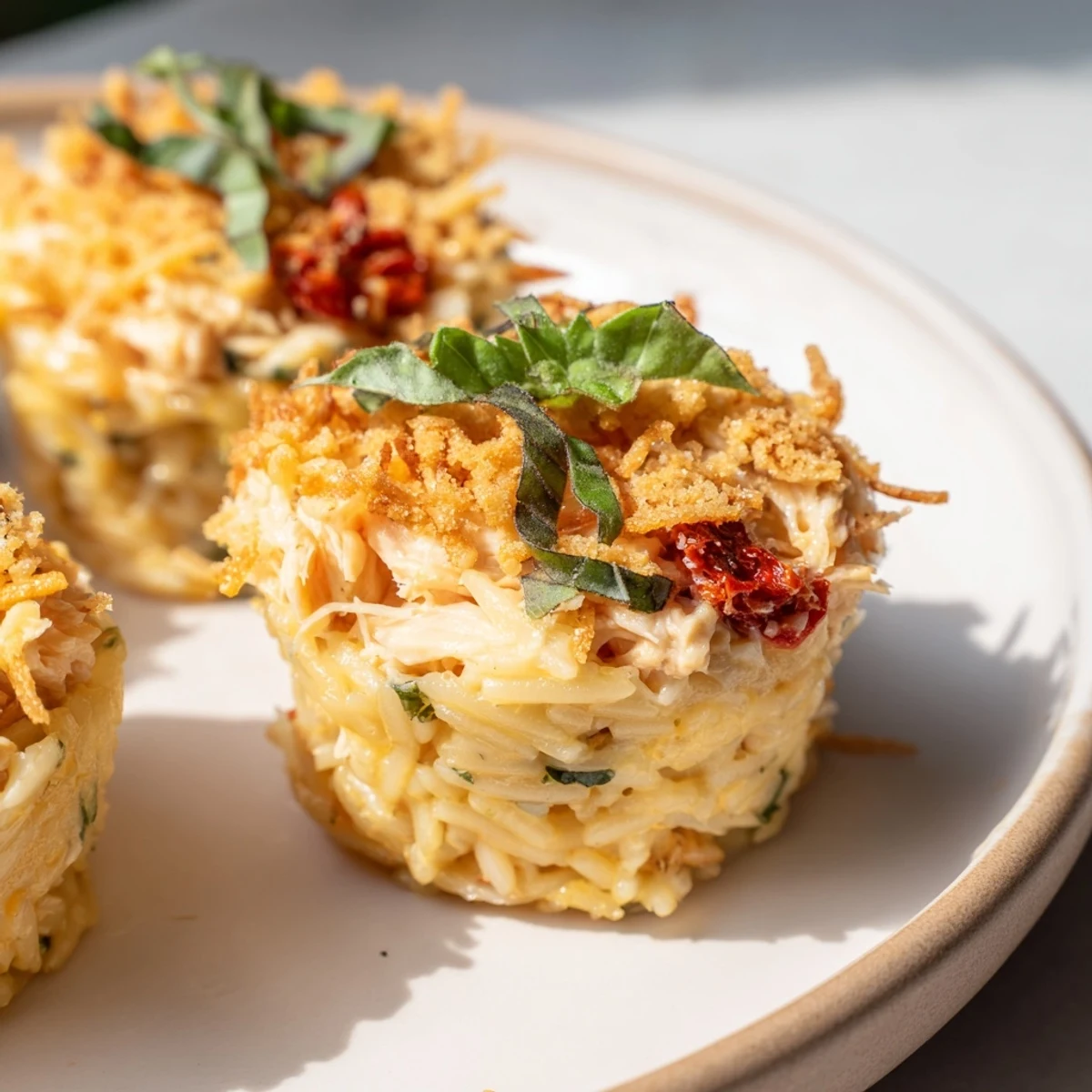 A close-up of baked Marry Me Chicken Sushi Bake Cups, with visible sun-dried tomatoes and creamy sauce.