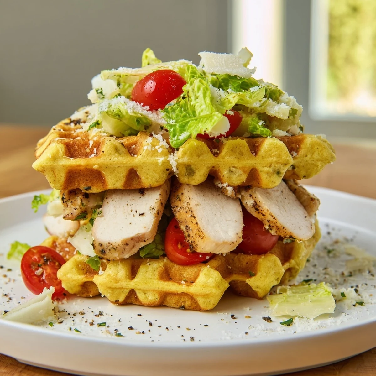 Golden-brown Chicken Caesar Waffle Sandwich, overflowing with fresh Caesar salad and grilled chicken slices.