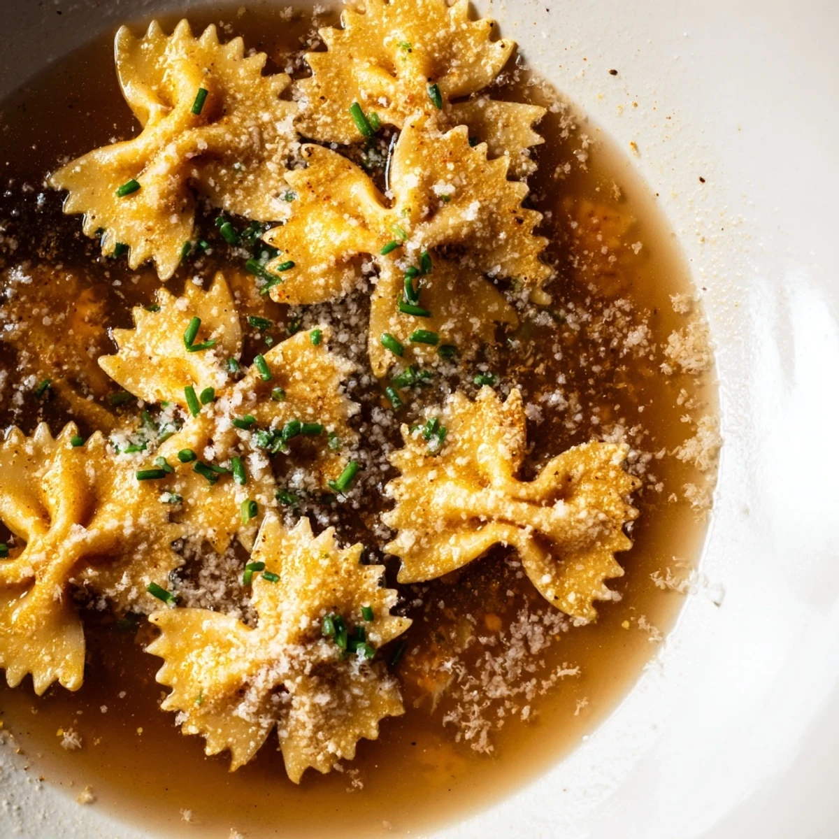 A visually appealing, warm bowl of pasta chip cereal, garnished with fresh chives.