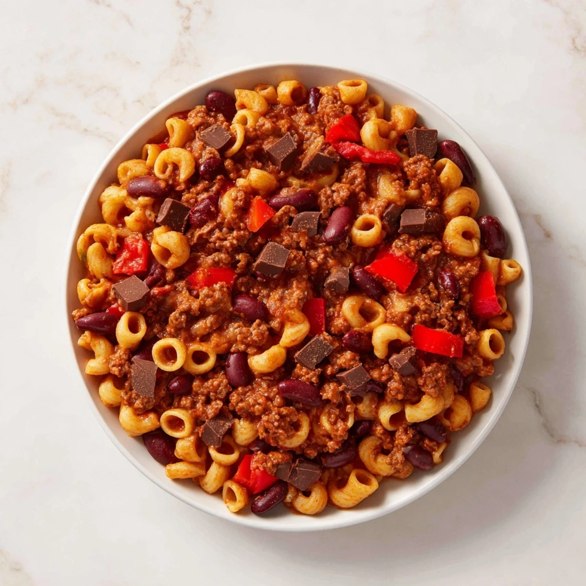A steaming bowl of one-pot ditalini and hot cocoa chili, garnished with fresh cilantro for freshness.