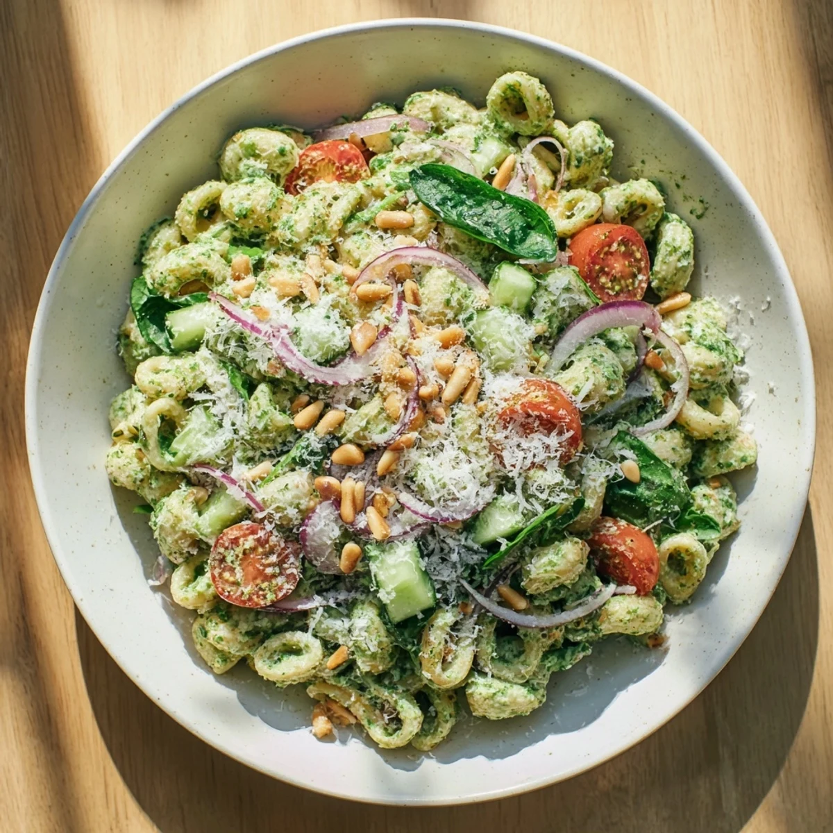 Vibrant Caesar Pesto Ditalini Salad with fresh tomatoes, Parmesan, and a creamy, pesto-infused dressing.