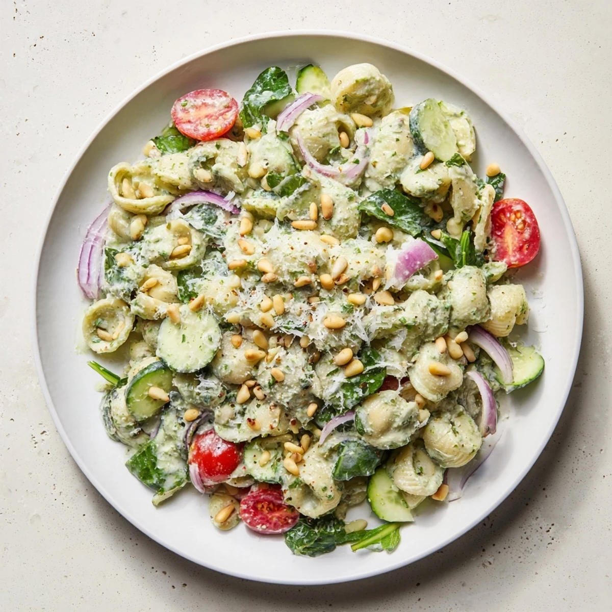 This Caesar Pesto Ditalini Salad shows off perfectly cooked pasta, coated in a flavorful pesto-Caesar blend.