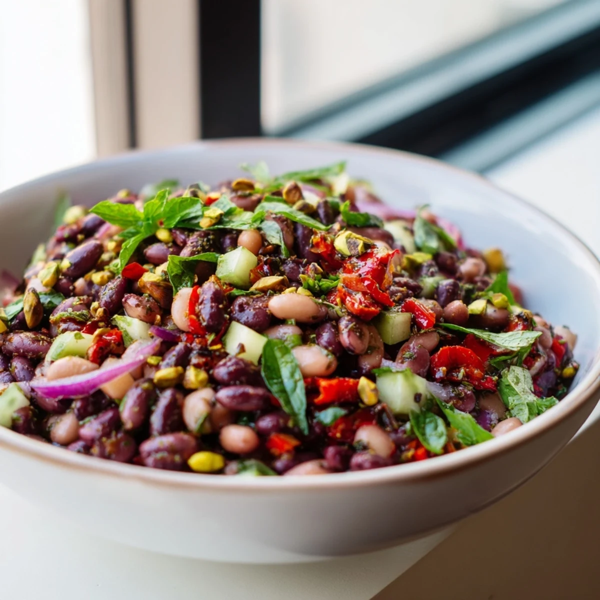 A close-up of the flavorful Dense Bean Salad with Dubai Chocolate Notes showing off the fresh ingredients.