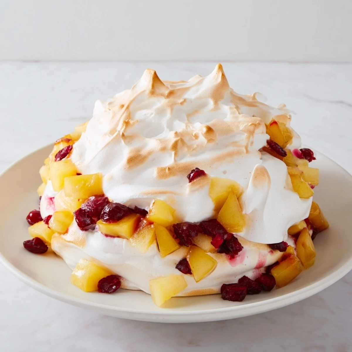 Warm cranberry and pear snowscape dessert, bubbly fruit under a delicate meringue crust, ready to serve.