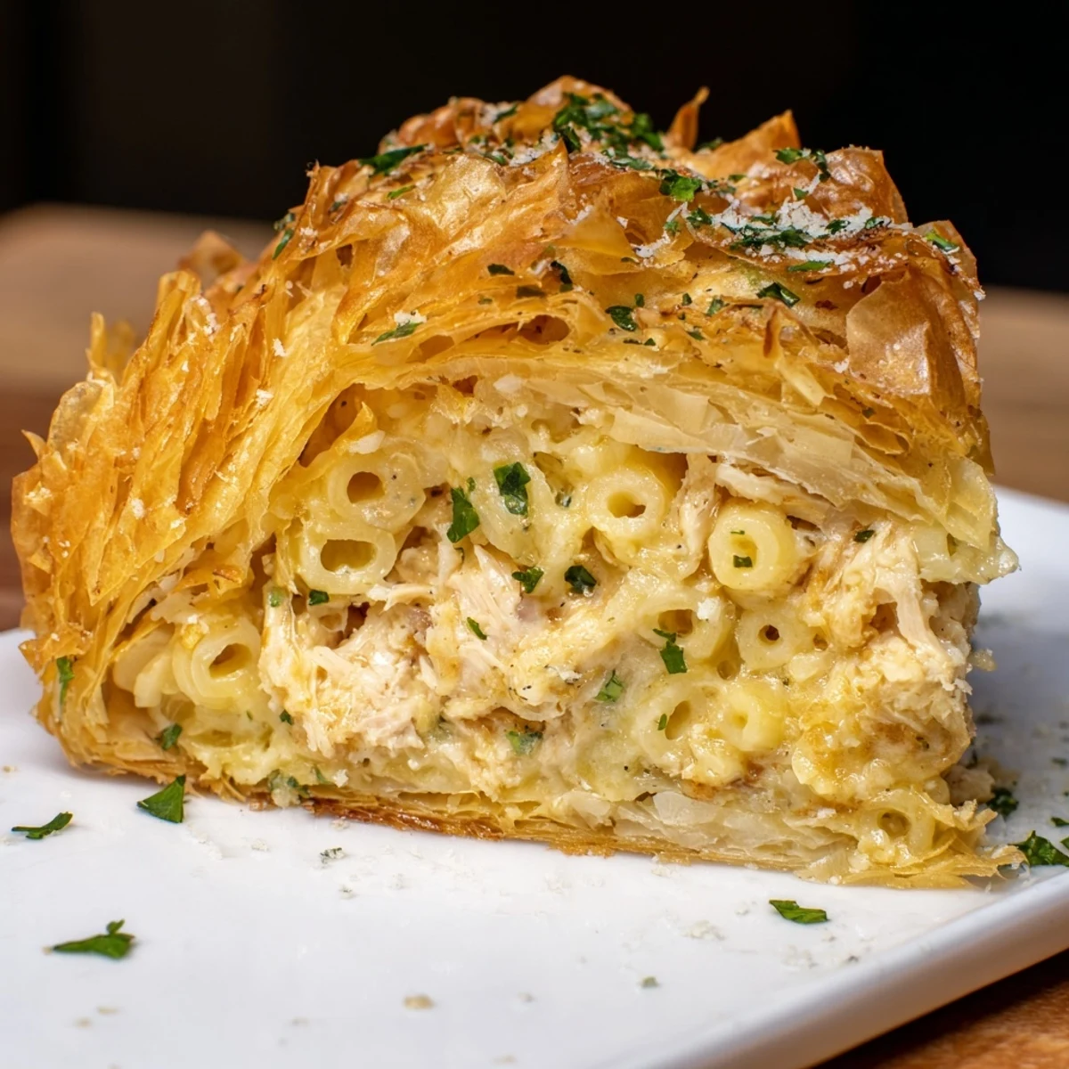 Golden-brown Chicken and Pasta Crinkle Cake, layered with flaky phyllo and a cheesy filling.