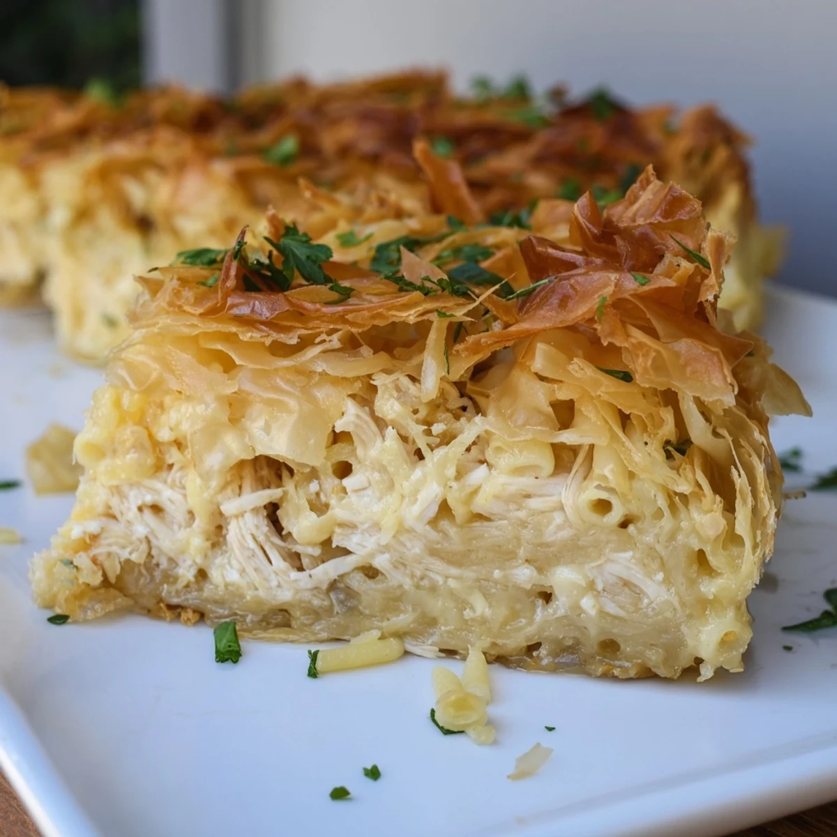 Imagine the texture: A warm slice of Chicken and Pasta Crinkle Cake, rich and filled with pasta.