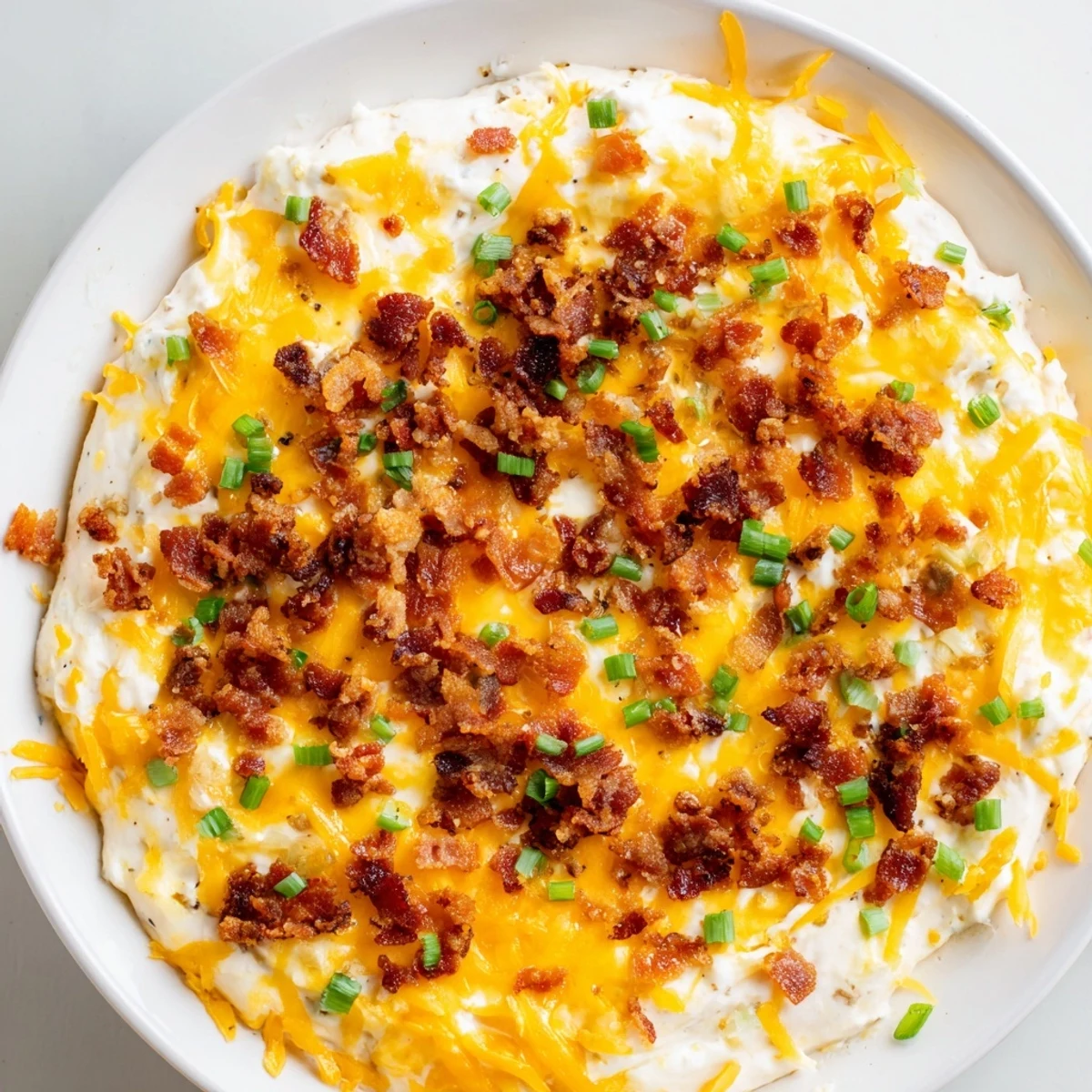 Warm, bubbly Cheesy Bacon Ranch Dip with crispy bacon topping is perfect for dipping.