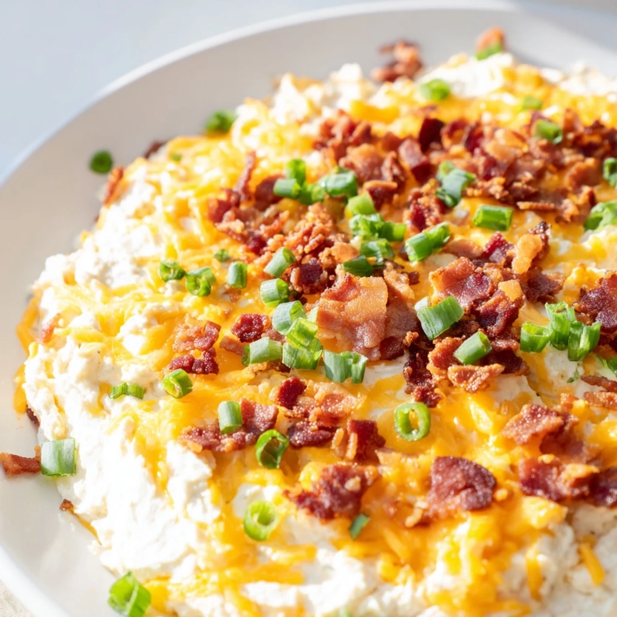 A close-up of creamy Cheesy Bacon Ranch Dip, served warm with colorful tortilla chips and crackers.