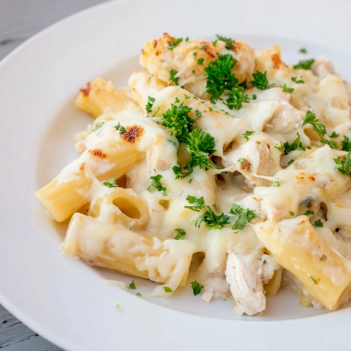 Golden, bubbling Chicken Alfredo Bake, a warm, cheesy casserole with tender chicken and pasta.