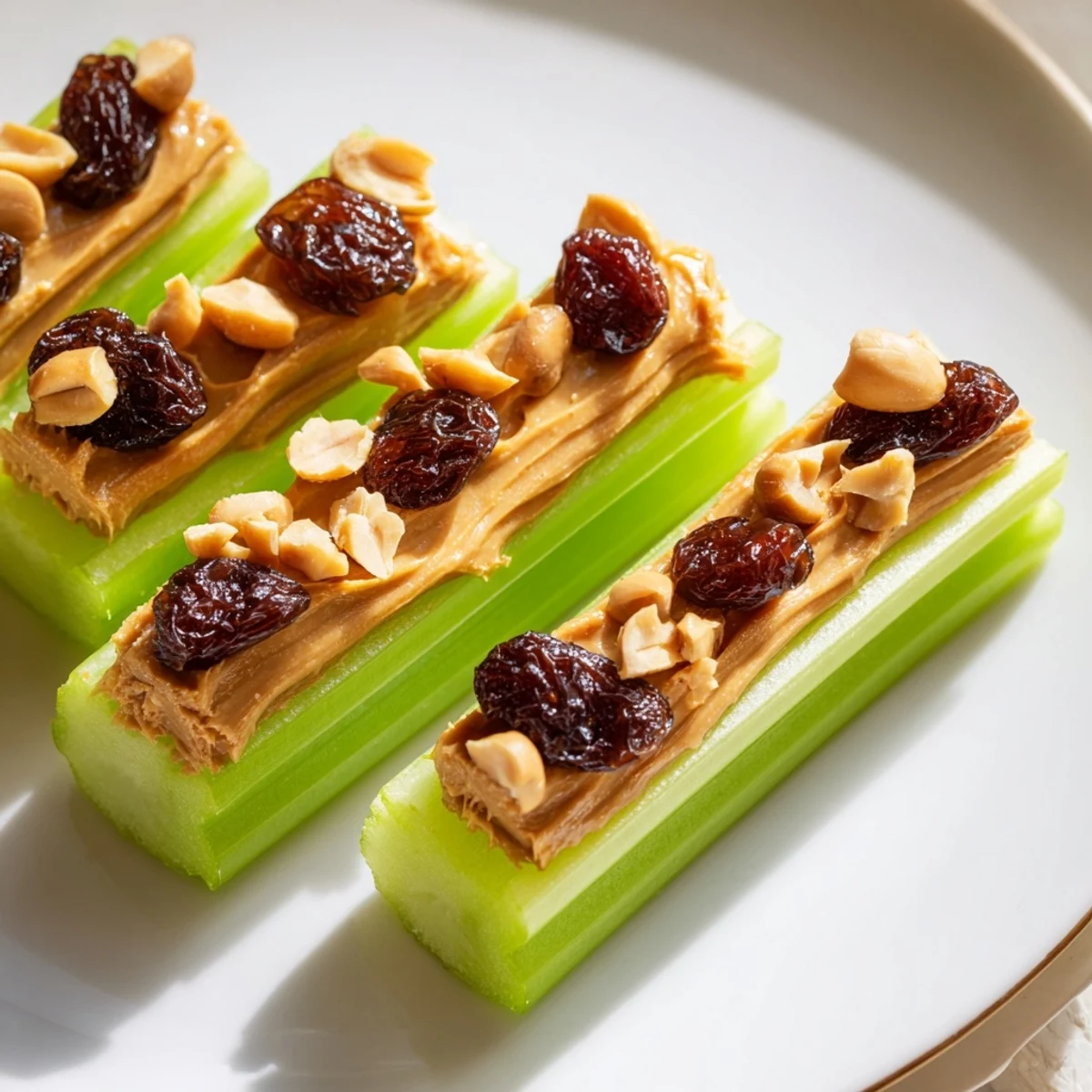 Crisp celery sticks filled generously with creamy peanut butter, this simple snack is ready now.