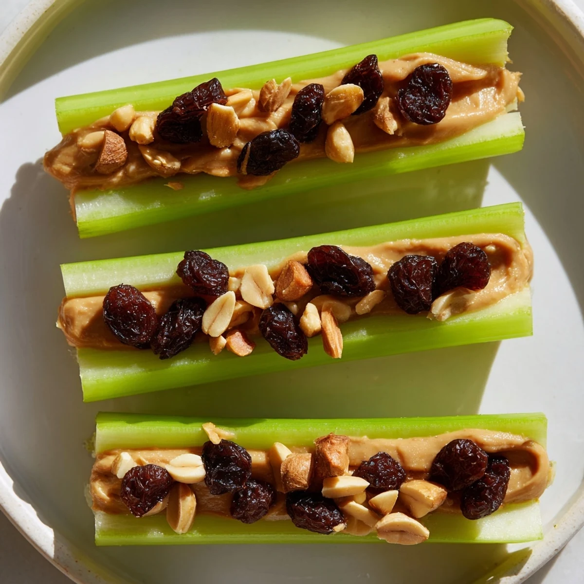 A close-up of Peanut Butter Celery Sticks showcases the peanut butter's texture, topped with raisins for ants on a log.