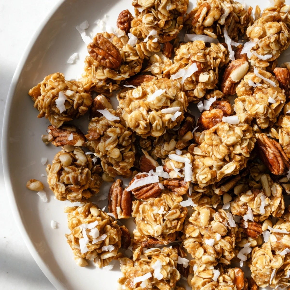 Oven-baked honey nut granola clusters: a mix of oats and nuts with golden, sweet honey glaze.
