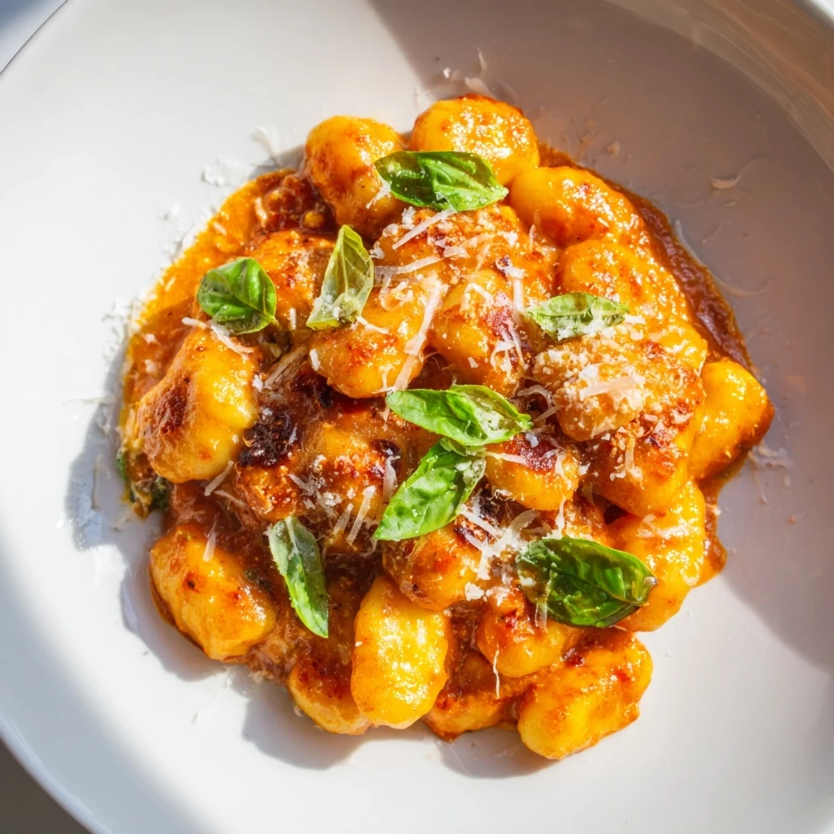Creamy Tomato Gnocchi, a one-pan meal with a vibrant red sauce, topped with fresh basil and Parmesan.