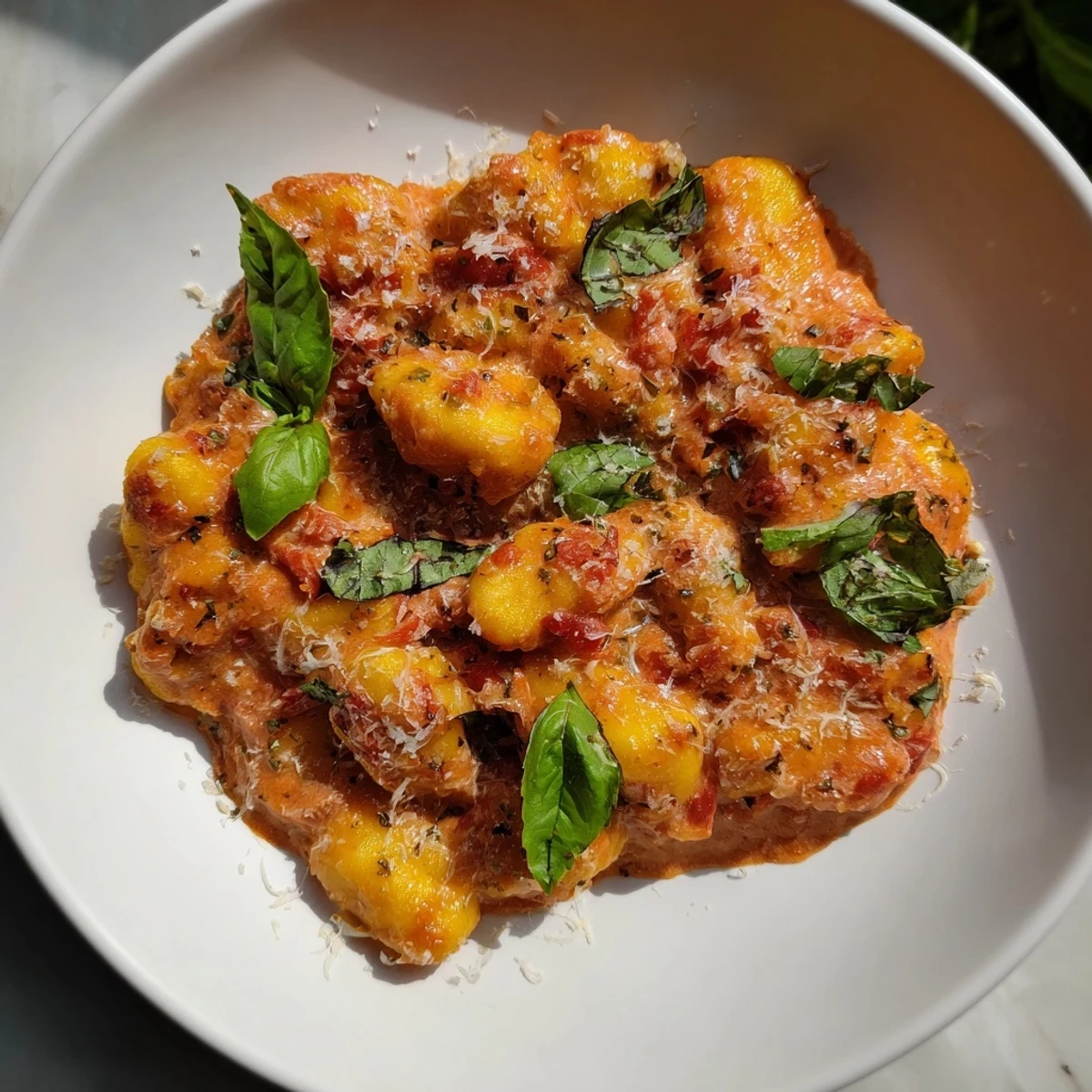 Warm, creamy Creamy Tomato Gnocchi, ready to be served, swimming in a rich tomato and cream sauce.