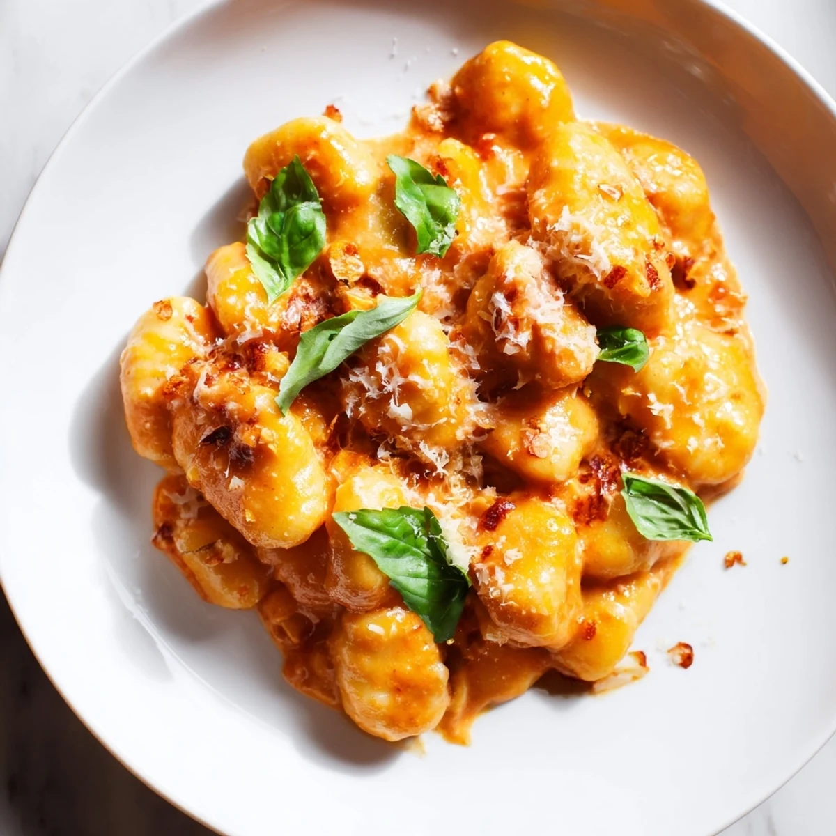 Enjoy a steaming bowl of Creamy Tomato Gnocchi, fresh basil garnishes, and perfectly cooked gnocchi.