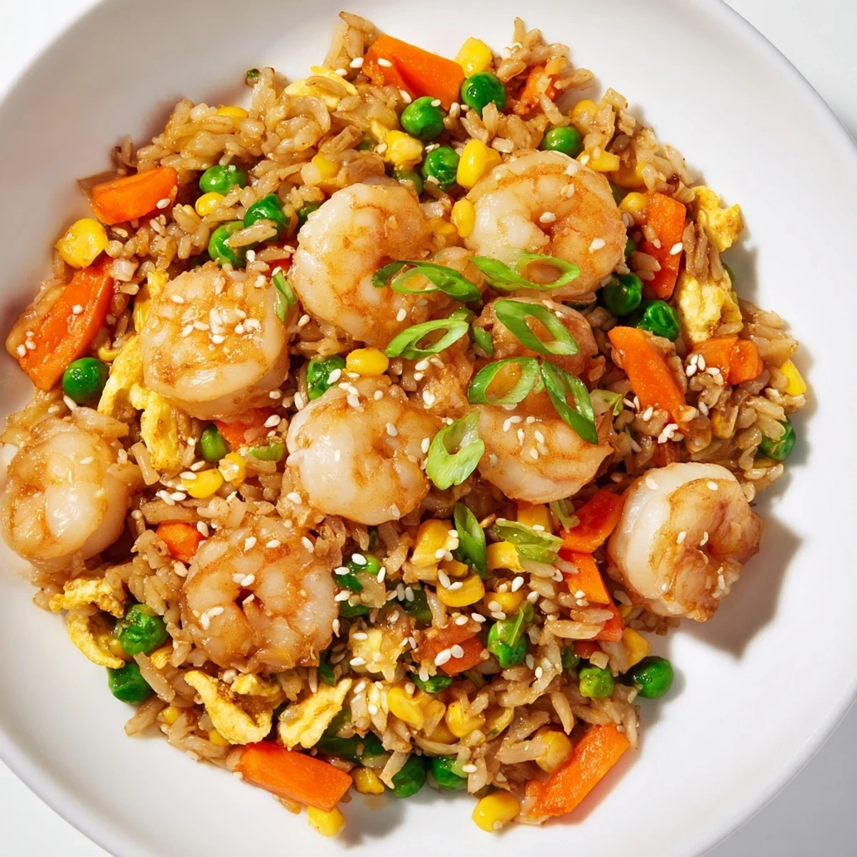 Savory shrimp fried rice recipe, a visually appealing plate with fresh scallions and toasted sesame seeds.