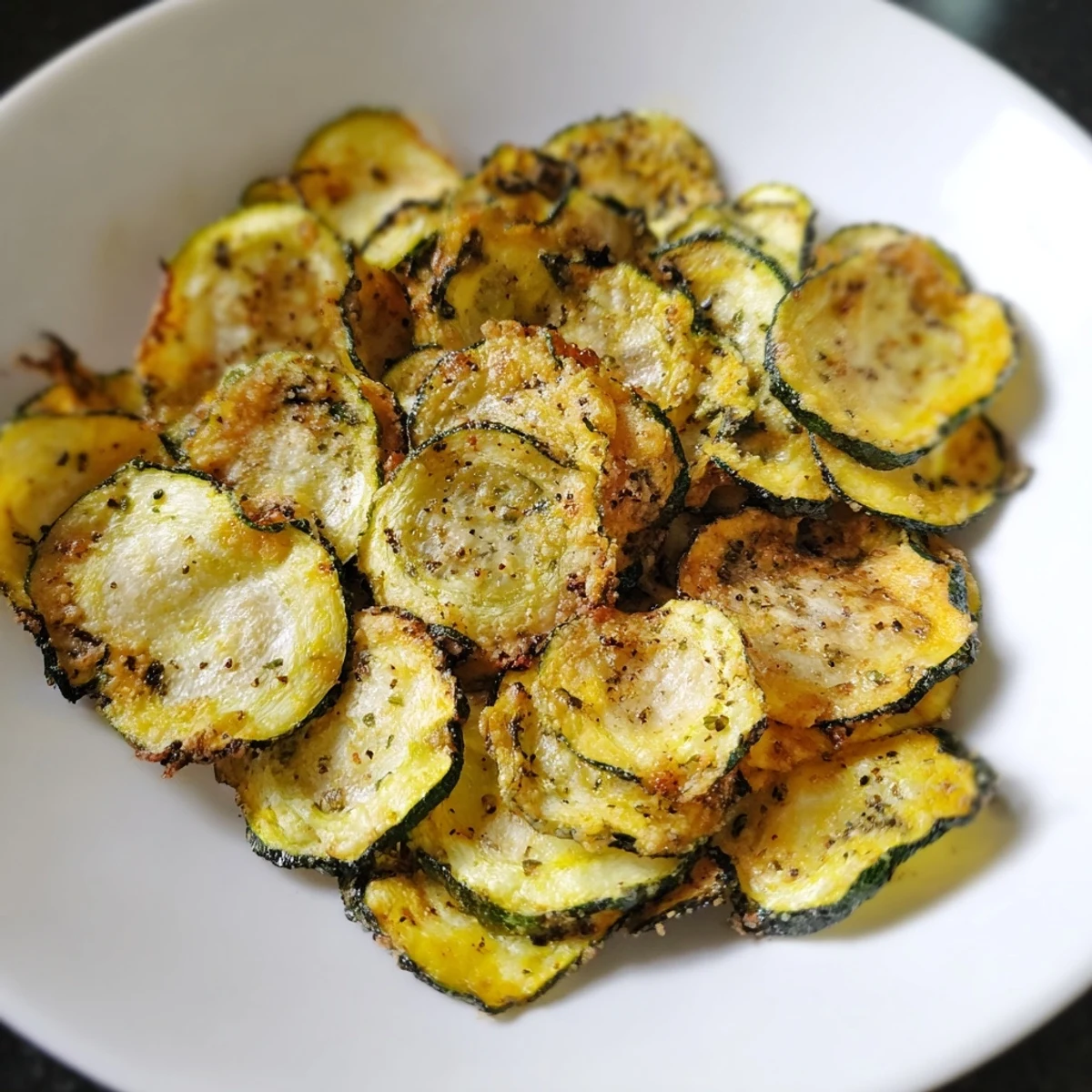 Golden, crispy zucchini chips, perfectly seasoned, waiting to be enjoyed straight from the baking sheet.