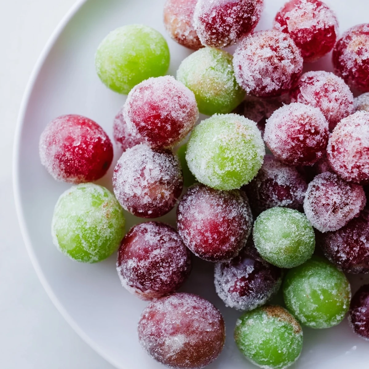 Icy, glistening frozen grapes arranged on a baking sheet, ready for a refreshing snack.