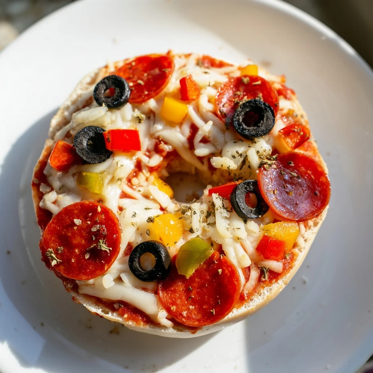 Golden, bubbly mozzarella melts over mini bagel pizzas loaded with pepperoni slices, ready to enjoy.